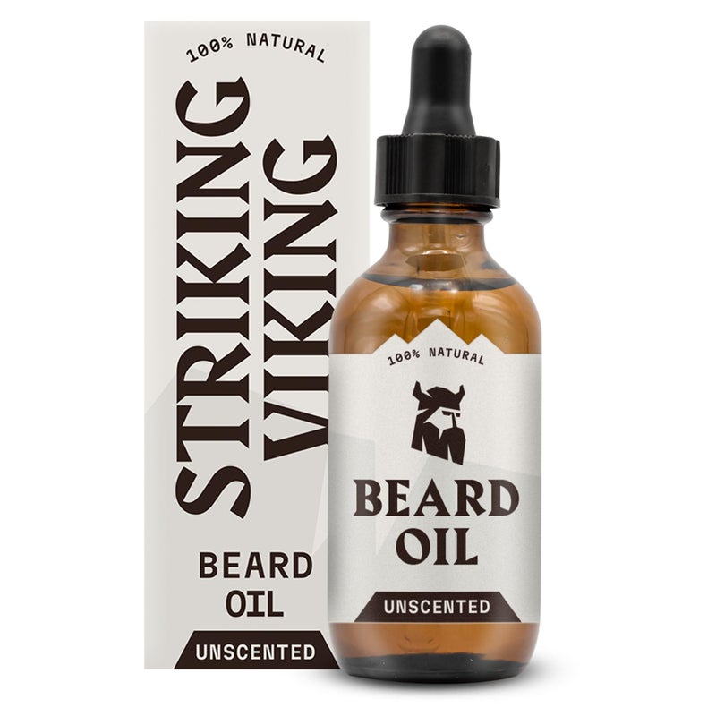 Striking Viking زيت لحية غير معطر من سترايكينغ فايكنغ للرجال - 2 أونصة سائلة، خالي من العطور - مرطب لحية وشوارب شفاف مع مزيج من زيت الجوجوبا والأركان، وزيوت اللوز وشجرة الشاي لنمو اللحية والبشرة الحساسة - Image 1