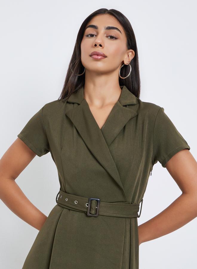 Styli Olive Notch Lapel Midi Dress with Belt - Image 3
