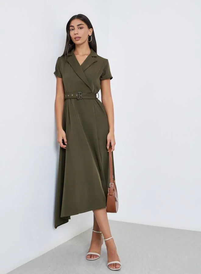 Styli Styli Olive Notch Lapel Midi Dress with Belt