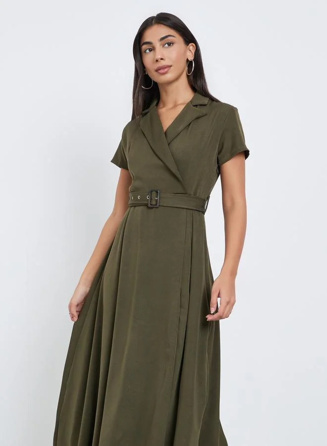 Styli Styli Olive Notch Lapel Midi Dress with Belt