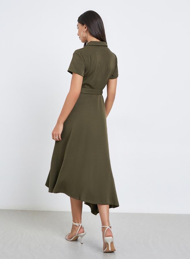 Styli Olive Notch Lapel Midi Dress with Belt - Image 4