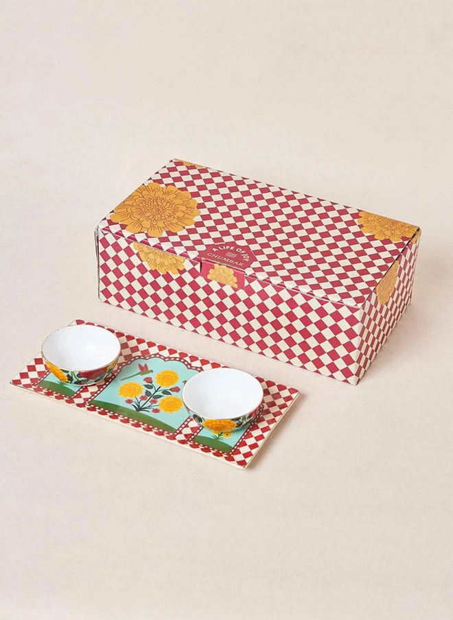 Rani Bagh Chip & Dip Platter Gift Set - Set of 3 | Palace Memoirs | Gold Rim