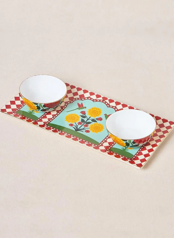 Chumbak  Rani Bagh Chip & Dip Platter Gift Set - Set of 3 | Palace Memoirs | Gold Rim  | Best Price UAE