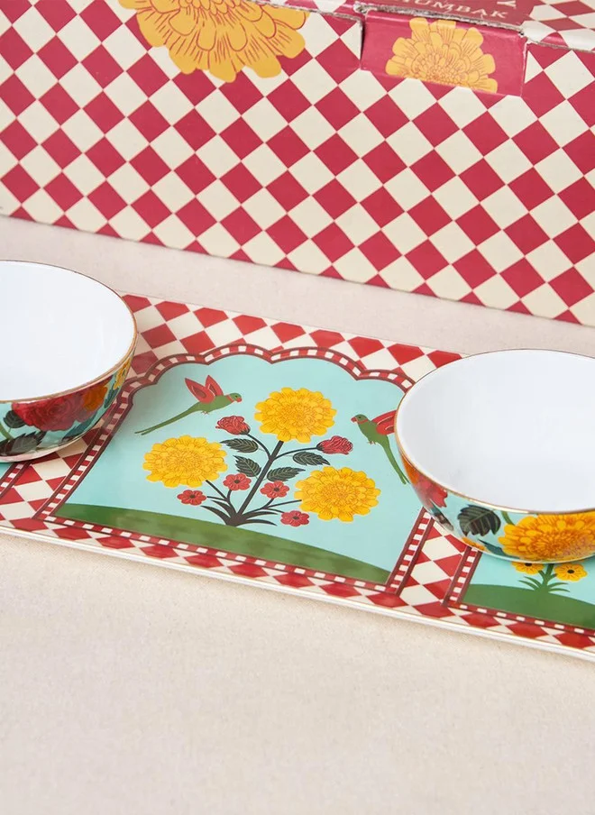 Chumbak  Rani Bagh Chip & Dip Platter Gift Set - Set of 3 | Palace Memoirs | Gold Rim  | Best Price UAE