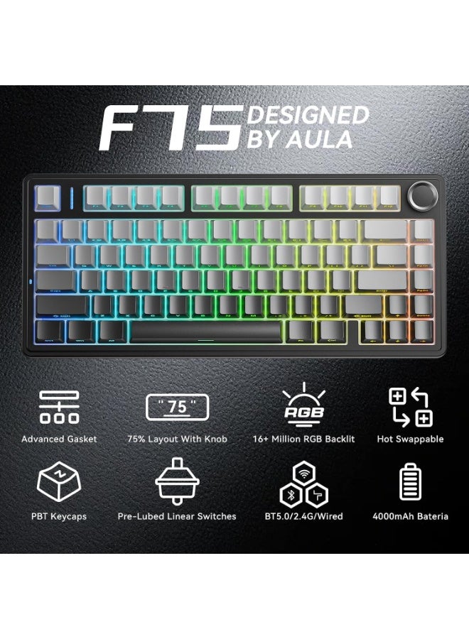 AULA F75 75% Gasket Wireless Mechanical Keyboard, LEOBOG Reaper Switch, Gradient Grey - Image 2