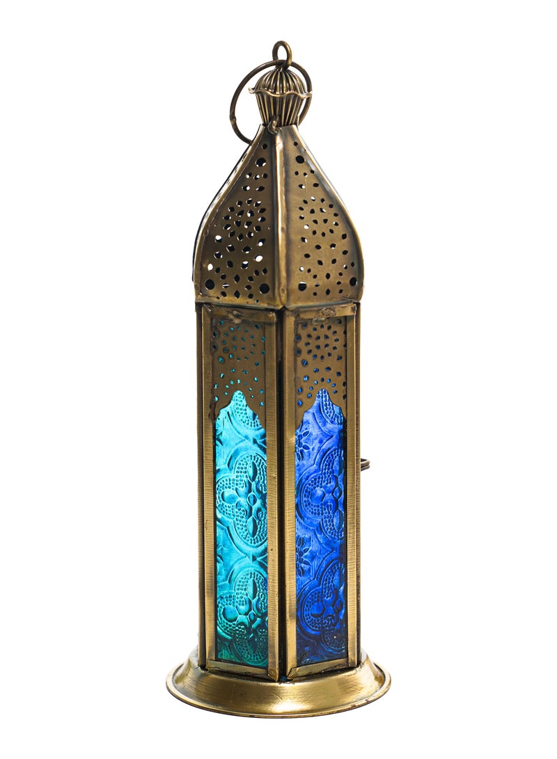 HilalFul Brass Antique Blue Turquoise Decorative Candle Holder Lantern - Tall | For Home Decor in Eid, Ramadan, Wedding | Living Room, Bedroom, Indoor, Outdoor Decoration | Islamic Themed | Moroccan - Image 2