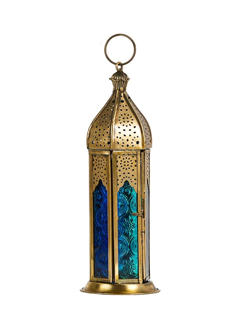 HilalFul Brass Antique Blue Turquoise Decorative Candle Holder Lantern - Tall | For Home Decor in Eid, Ramadan, Wedding | Living Room, Bedroom, Indoor, Outdoor Decoration | Islamic Themed | Moroccan - Image 1
