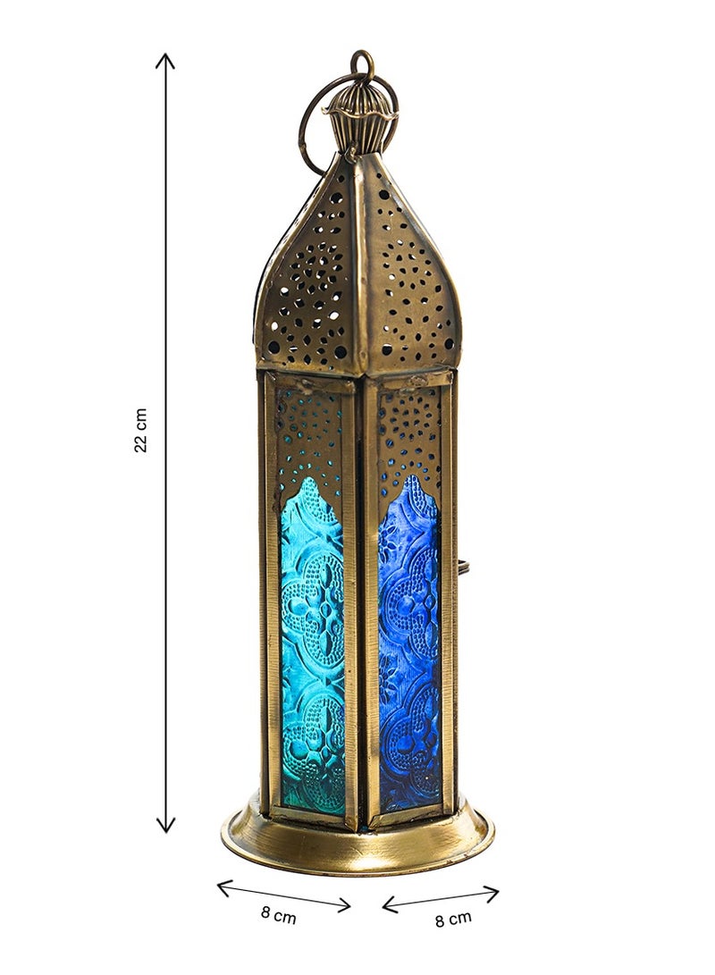 HilalFul Brass Antique Blue Turquoise Decorative Candle Holder Lantern - Tall | For Home Decor in Eid, Ramadan, Wedding | Living Room, Bedroom, Indoor, Outdoor Decoration | Islamic Themed | Moroccan - Image 3