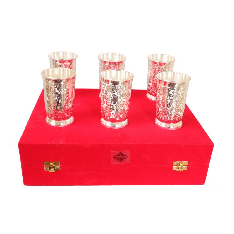 INDIAN ART VILLA Engraved Flower Design Silver Plated Set of 6 Glass Goblet 200 ML Each with Red Gift Box Tableware Gift Item Decore Home Hotel Restaurant Diwali Gift Item