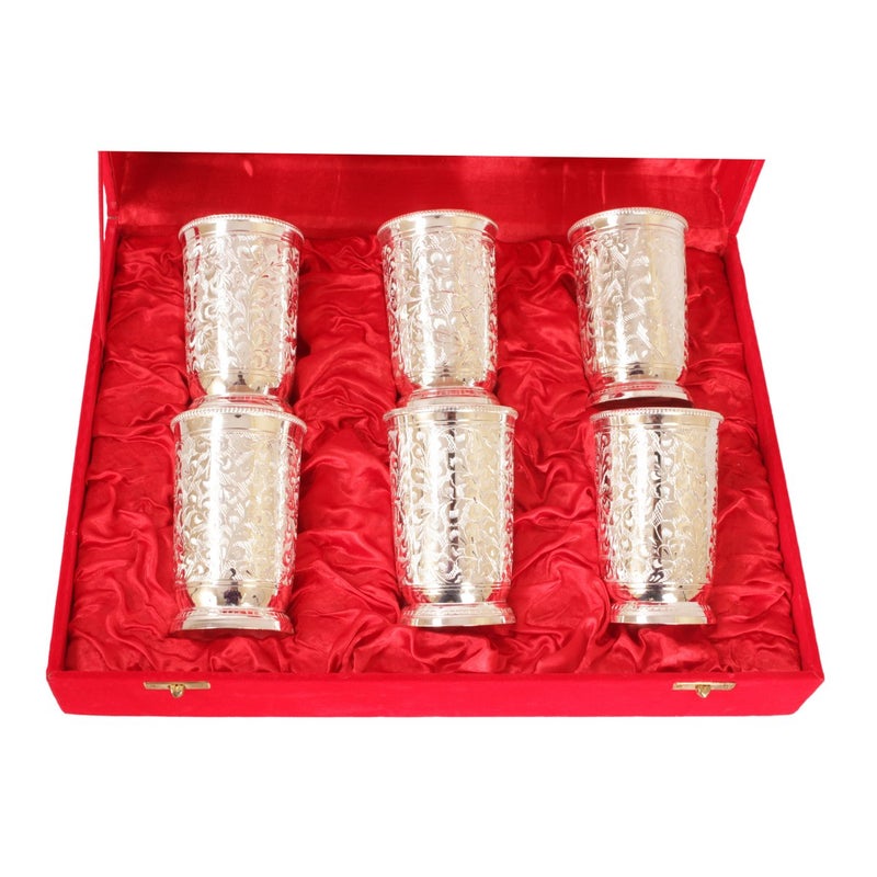 INDIAN ART VILLA Engraved Flower Design Silver Plated Set of 6 Glass Goblet 200 ML Each with Red Gift Box Tableware Gift Item Decore Home Hotel Restaurant Diwali Gift Item