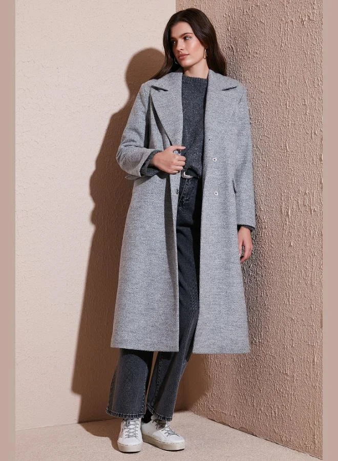 ليلا معطف طويل نسائي من الكشمير مزدوج الصدر بياقة وفتحة جانبية من مزيج الصوف من ليلا