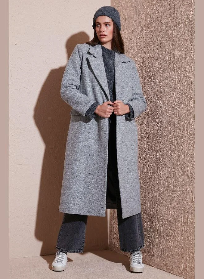 ليلا معطف طويل نسائي من الكشمير مزدوج الصدر بياقة وفتحة جانبية من مزيج الصوف من ليلا