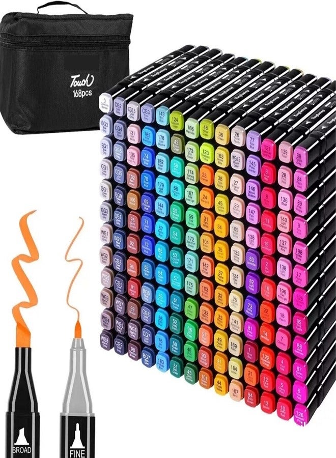تاتش مجموعة أقلام تحديد كحولية ثنائية الأطراف، 168 لونًا - أقلام تحديد دائمة سريعة الجفاف - Image 1