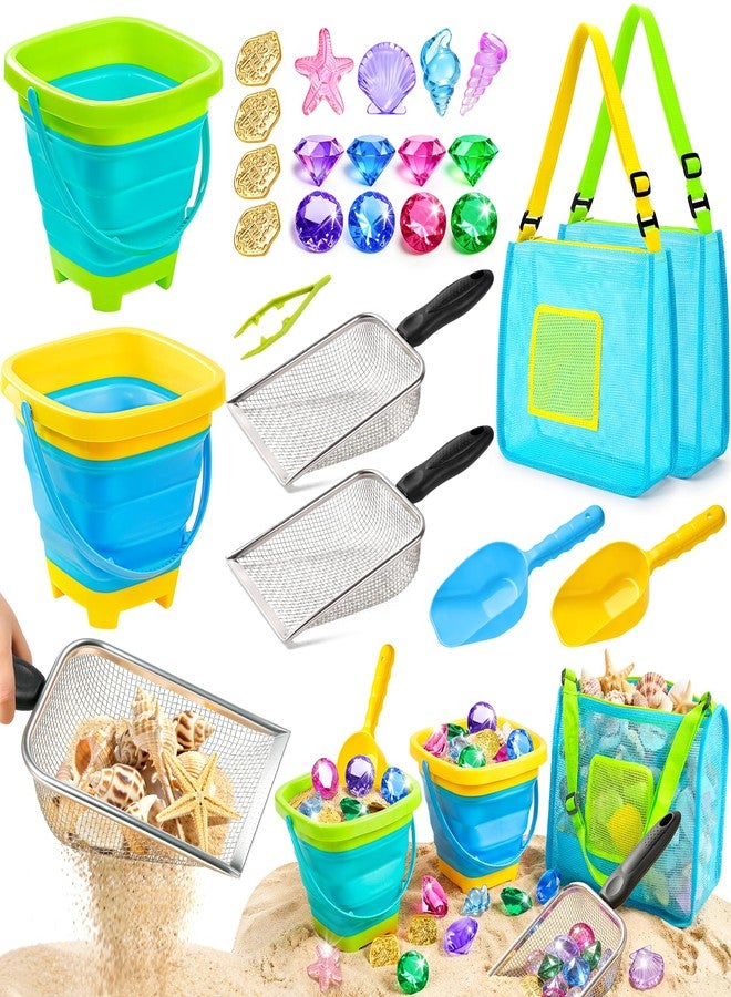 DISHIO Beach Toys for Kids, 25 Pcs Metal Sand Sifter & Collapsible Beach Buckets Set, Stainless Steel Sand Shovel, Sandcastle Building Kit with Mesh Bag, Travel Sand Toys for Toddlers Age 3-10 - Image 1