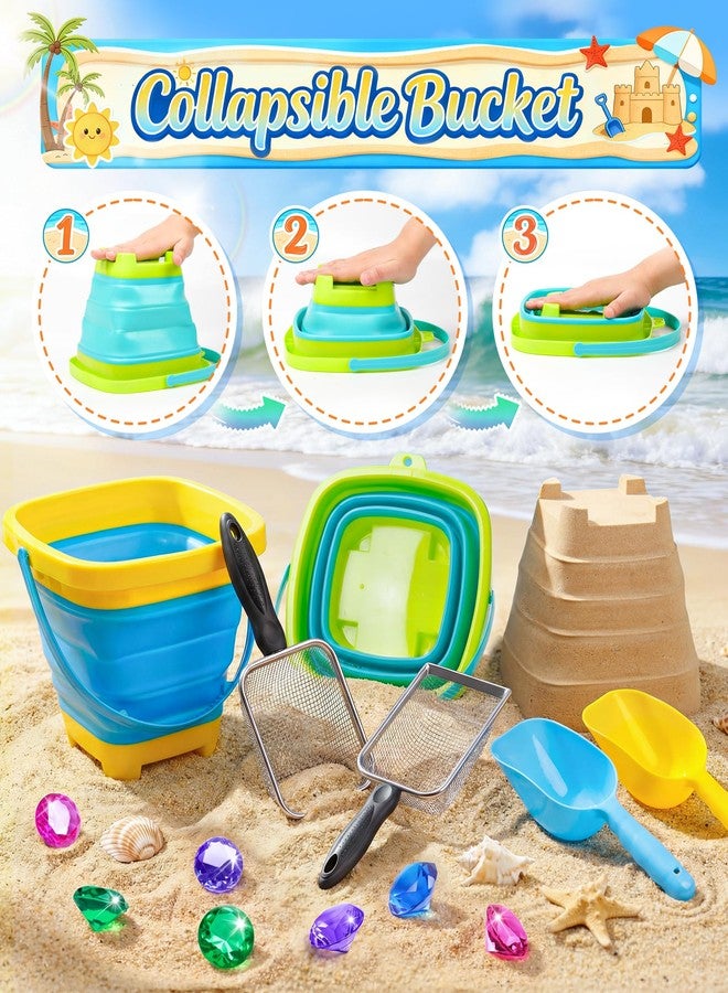 DISHIO Beach Toys for Kids, 25 Pcs Metal Sand Sifter & Collapsible Beach Buckets Set, Stainless Steel Sand Shovel, Sandcastle Building Kit with Mesh Bag, Travel Sand Toys for Toddlers Age 3-10 - Image 3