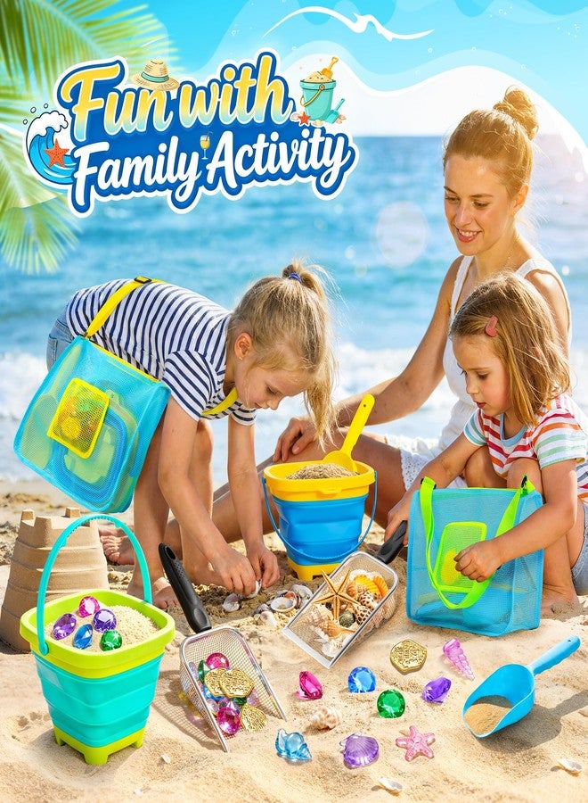 DISHIO Beach Toys for Kids, 25 Pcs Metal Sand Sifter & Collapsible Beach Buckets Set, Stainless Steel Sand Shovel, Sandcastle Building Kit with Mesh Bag, Travel Sand Toys for Toddlers Age 3-10 - Image 5