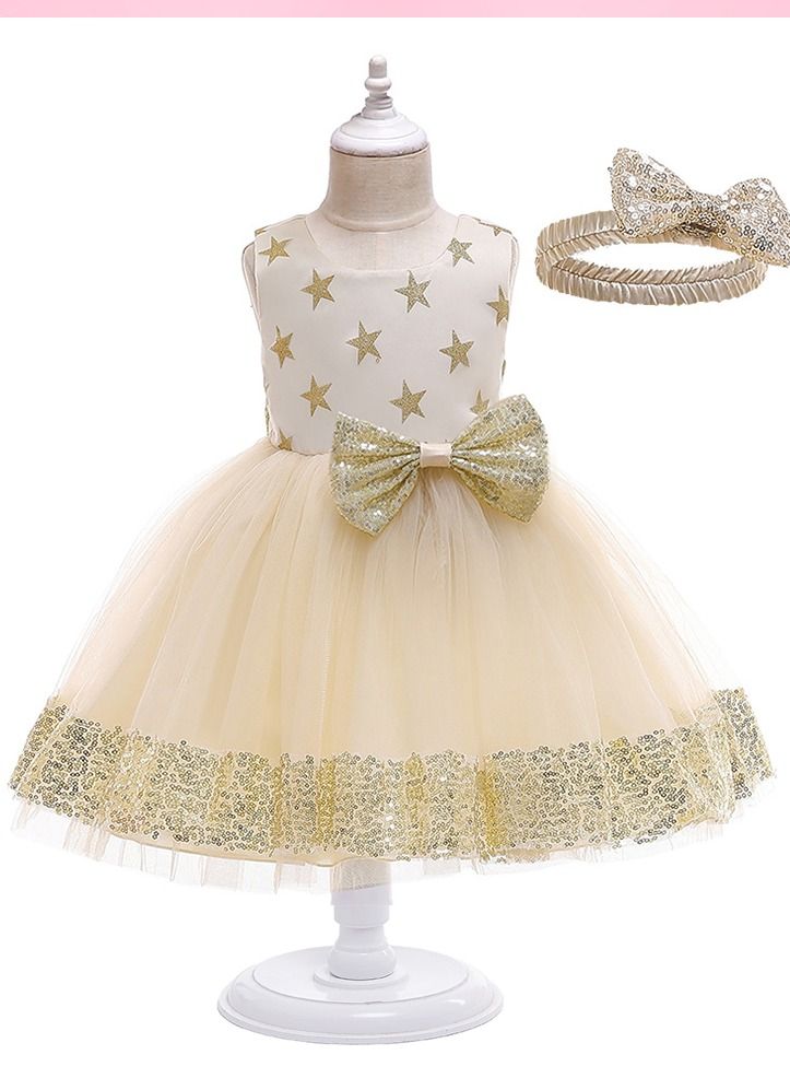 Loquat Gauze pompous belt hair hoop dress dress dress flower children holiday dress dress gold  - Image 1