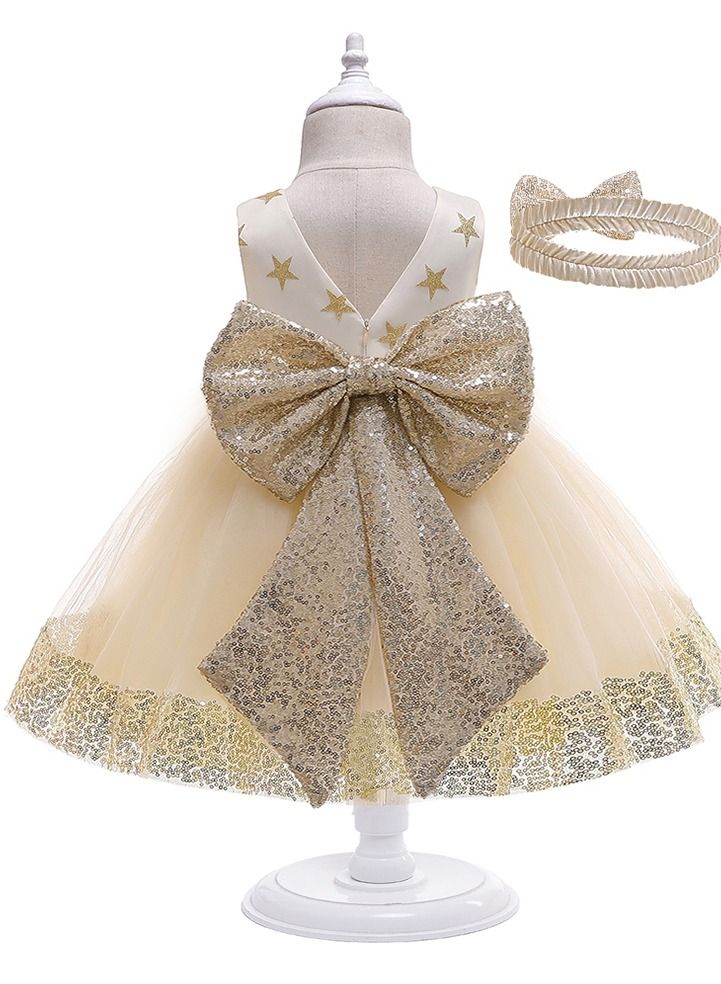 Loquat Gauze pompous belt hair hoop dress dress dress flower children holiday dress dress gold  - Image 2
