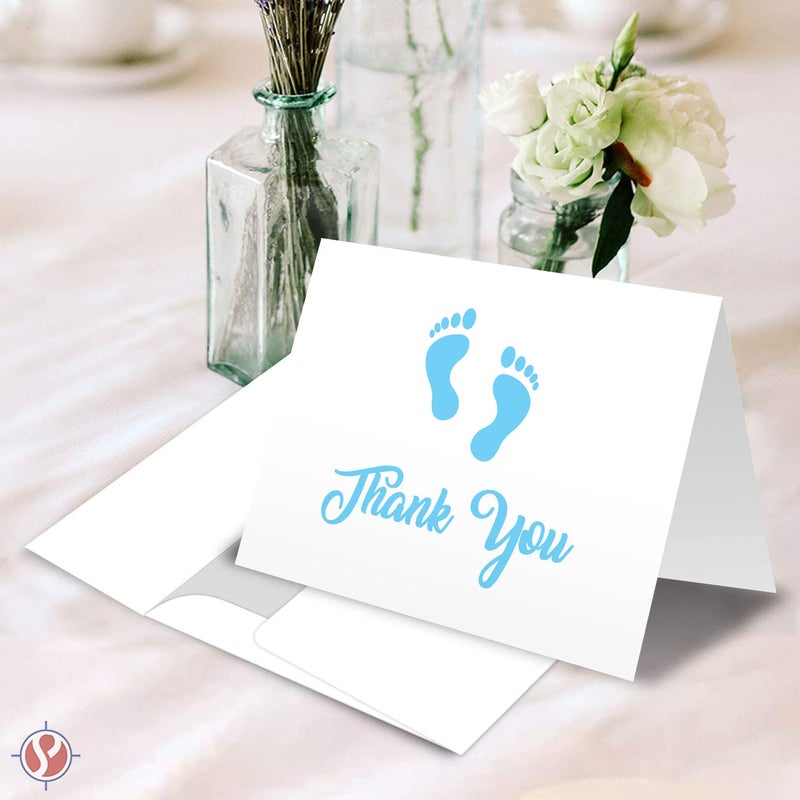S Superfine Printing Baby Boy Blue Footprint Thank You Greeting Cards, Baby Shower, Birthdays, Invitation Congratulations Celebration Celebratory Appreciation Cards â€“ 25 per Pack, Envelopes Included â€“ 4.25" x 5.5" - Image 2