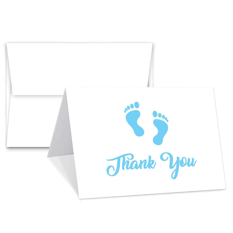 S Superfine Printing Baby Boy Blue Footprint Thank You Greeting Cards, Baby Shower, Birthdays, Invitation Congratulations Celebration Celebratory Appreciation Cards â€“ 25 per Pack, Envelopes Included â€“ 4.25" x 5.5" - Image 1