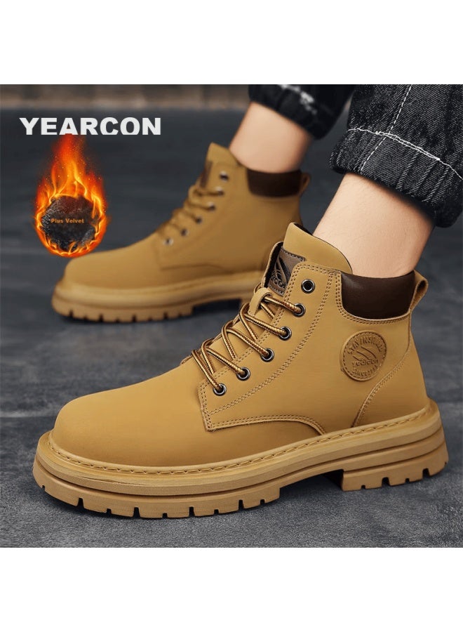YEARCON Yierkang Martin Boots, Winter Cotton Shoes For Men, Retro High-top Yellow Boots, Durable Outdoor Casual Work Boots - Image 1