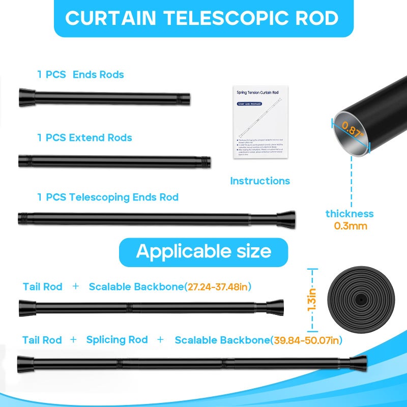MEXAU Spring Tension Curtain Rod 28 To 48 Inch Adjustable Expandable Black Tension Rod 7/8" Shower Curtain Rods No Drilling Spring Loaded Curtain Rod for Windows Bathroom Closet Kitchen Bedroom Doorway Door - Image 2