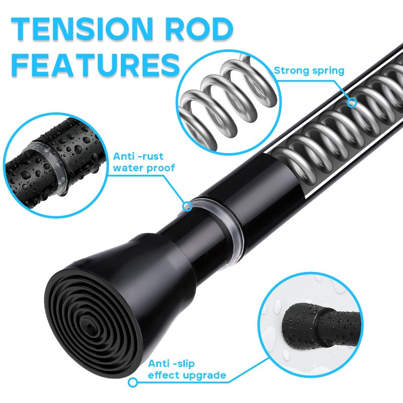 MEXAU Spring Tension Curtain Rod 28 To 48 Inch Adjustable Expandable Black Tension Rod 7/8" Shower Curtain Rods No Drilling Spring Loaded Curtain Rod for Windows Bathroom Closet Kitchen Bedroom Doorway Door - Image 4