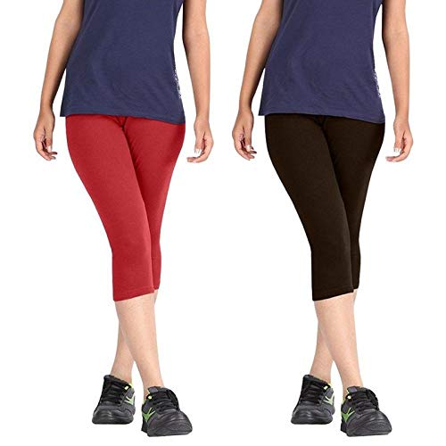 FEELBLUE Premium Cotton Strachable Women's Casual/Gym/Sports 3/4th Capri,Combo Pack,Free Size Maroon-Brown - Image 5