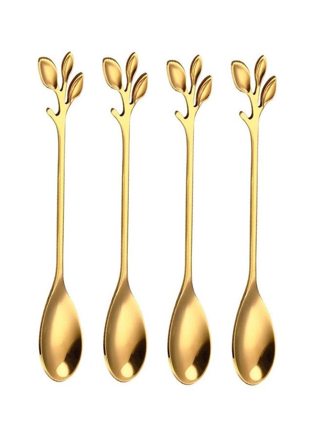 SZLFSX 10 Pack Stainless Steel Leaf Coffee Spoon Tableware Dessert Spoons, Stirring, Mixing, Sugar, Stir, Ice Cream, Cake, Teaspoon 4.7 inch Gold - Image 1
