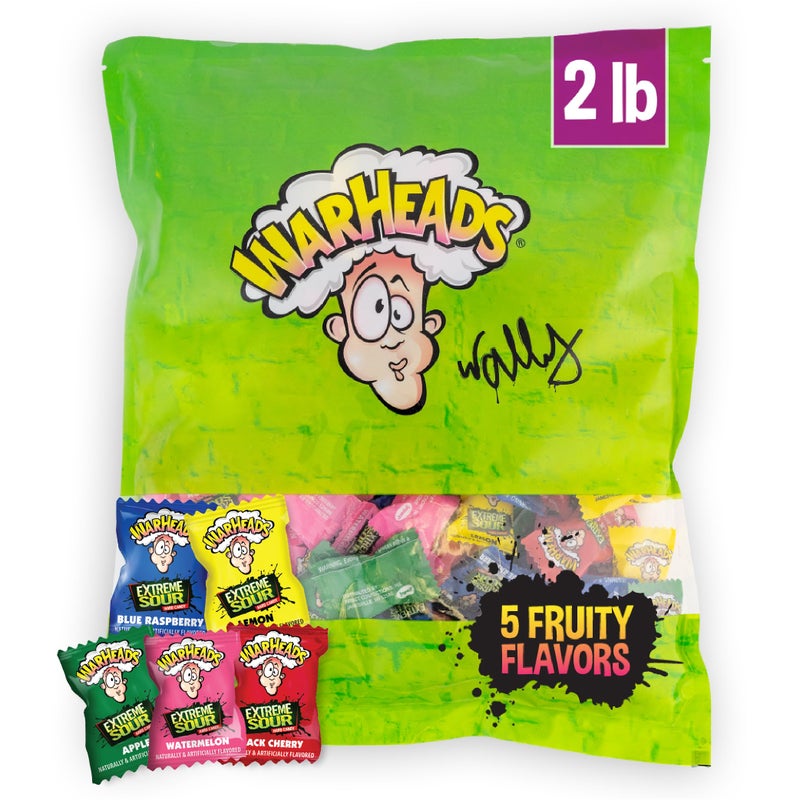 WARHEADS - Extreme Sour Hard Candy - Sour Apple, Black Cherry, Blue Raspberry, Lemon & Watermelon Flavors, Great For Parades - 2 lb. Bulk Bag - Image 1
