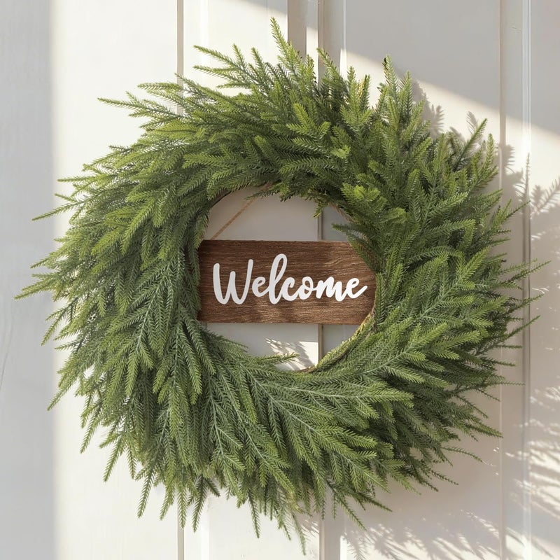 Yilobi 26 Inch Winter Wreaths for Front Door: Large Real Touch Norfolk Pine Wreath with Welcome Sign - Christmas Artificial Green Wreath for Farmhouse Porch Windows Wall Table Indoor Outdoor Home Decor - Image 1