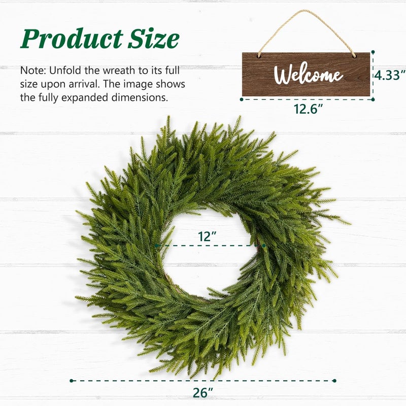 Yilobi 26 Inch Winter Wreaths for Front Door: Large Real Touch Norfolk Pine Wreath with Welcome Sign - Christmas Artificial Green Wreath for Farmhouse Porch Windows Wall Table Indoor Outdoor Home Decor - Image 4