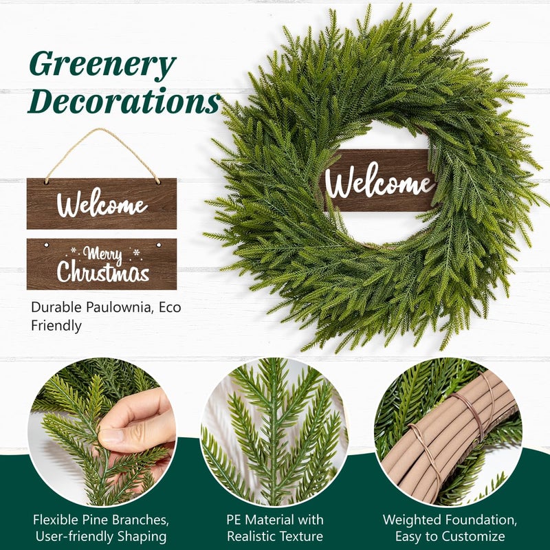 Yilobi 26 Inch Winter Wreaths for Front Door: Large Real Touch Norfolk Pine Wreath with Welcome Sign - Christmas Artificial Green Wreath for Farmhouse Porch Windows Wall Table Indoor Outdoor Home Decor - Image 2