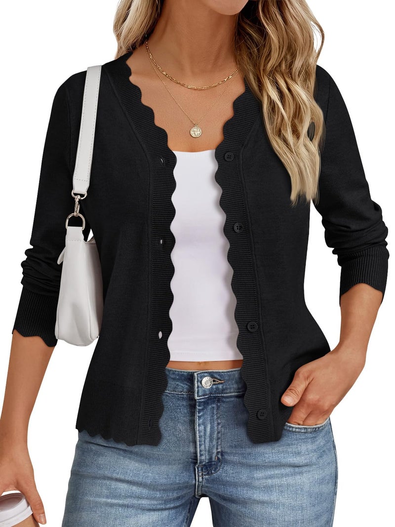 LILLUSORY Womens Cardigan Sweaters Long Sleeve Casual Lightweight Button Down V-Neck Fall Clothes 2026 Black S - Image 1