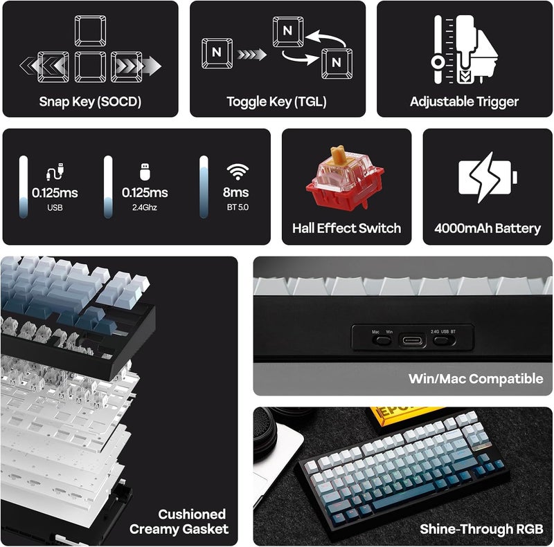 EPOMAKER G84 HE Wireless Hall Effect Keyboard, 8K Polling & 8000mAh, SOCD & DKS, Gaming Keyboard with Fast Trigger & Adjustable Actuation, RGB Backlit, PBT Keycap, Hot-Swap, for WIN/Mac (Black) - Image 3