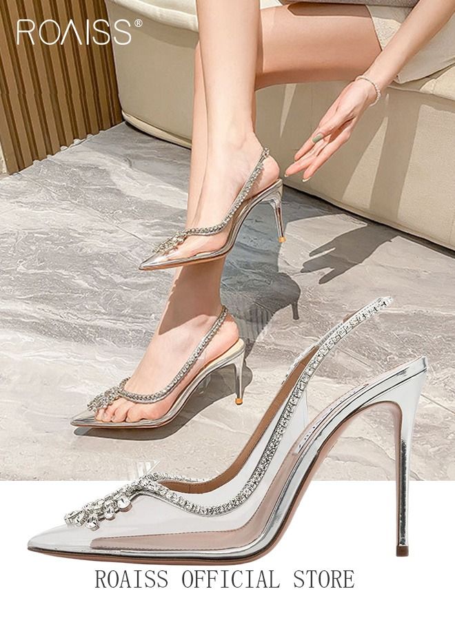roaiss Women Rhinestone Slingback PVC Stiletto Heels Pointed Closed Toe Transparent Dress Pumps Summer Wedding Shoes - Image 1