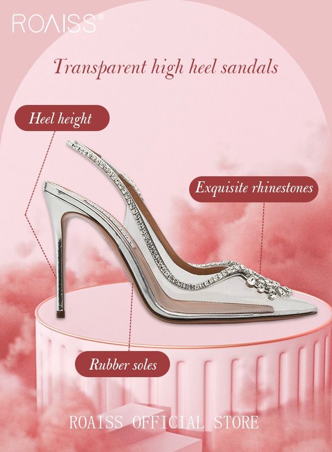 roaiss Women Rhinestone Slingback PVC Stiletto Heels Pointed Closed Toe Transparent Dress Pumps Summer Wedding Shoes - Image 2