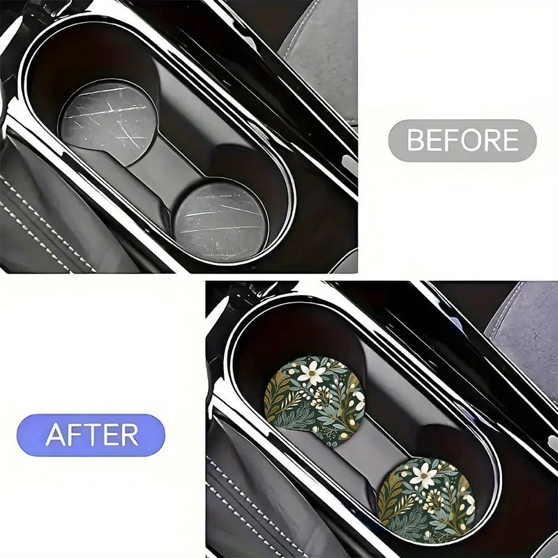2 Green Floral Car Cup Coasters Round Drink Coasters for Car Interior - Image 4