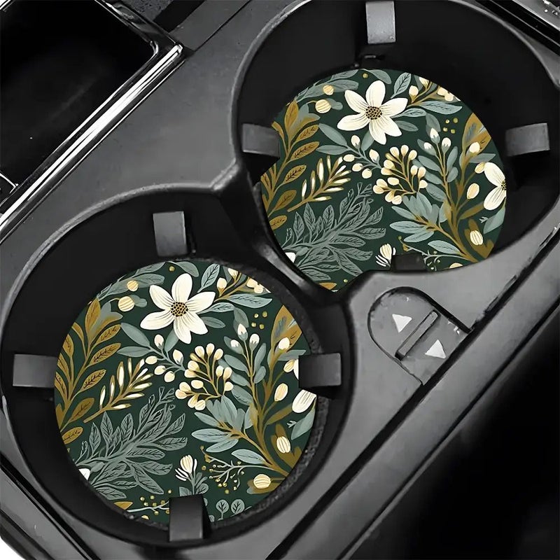 2 Green Floral Car Cup Coasters Round Drink Coasters for Car Interior - Image 1