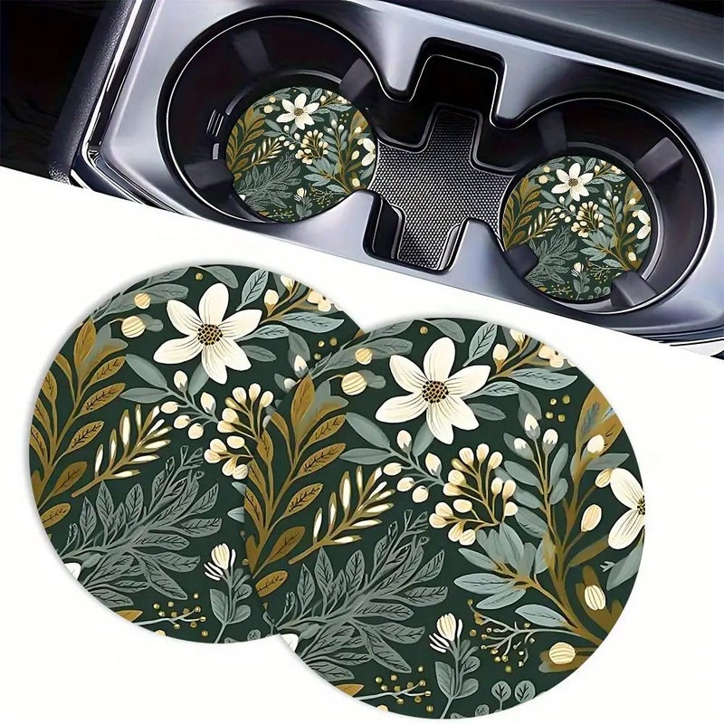 2 Green Floral Car Cup Coasters Round Drink Coasters for Car Interior - Image 2