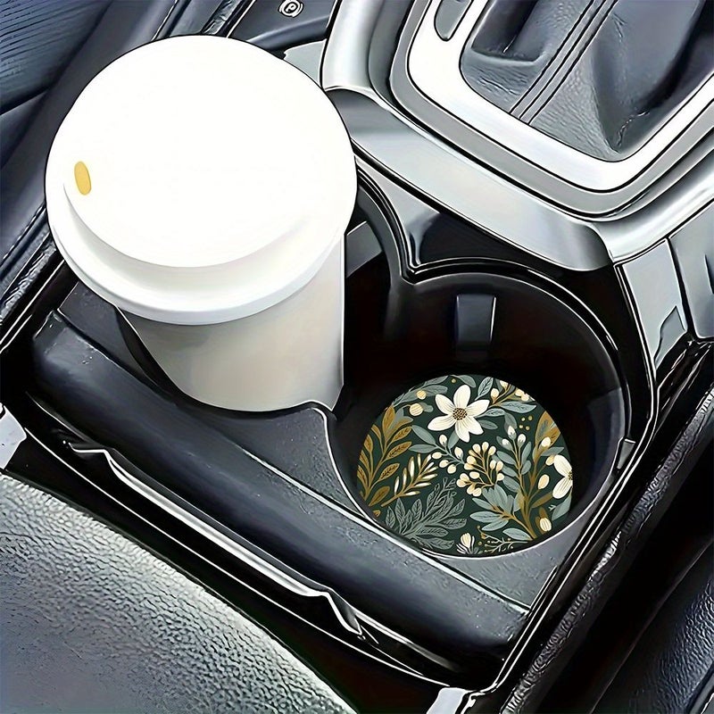 2 Green Floral Car Cup Coasters Round Drink Coasters for Car Interior - Image 3