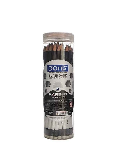 Doms Super Dark HB/2 Graphite Pencil With Karbon Eraser Tipped - 40 Pieces In Plastic Jar
