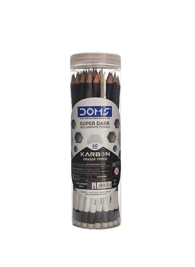 DOMS - Doms Super Dark HB/2 Graphite Pencil With Karbon Eraser Tipped - 40 Pieces In Plastic Jar - Image 1