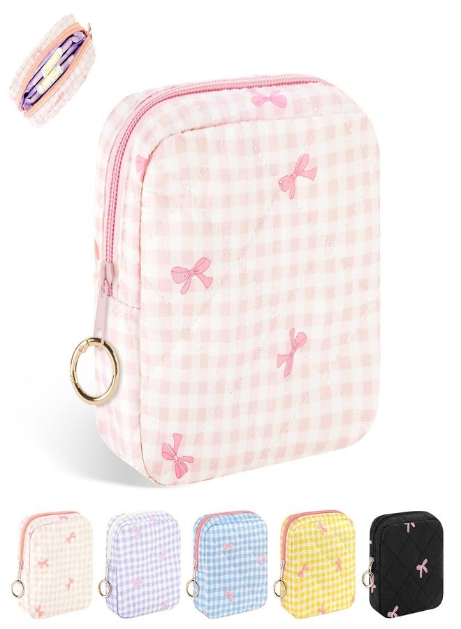 Playexen Period Bag for Teen Girls, Quilted Sanitary Napkin Storage Bag, Cute Bow Tie Menstrual Pad Pouch Tampon Holder (Plaid Pink - Image 1