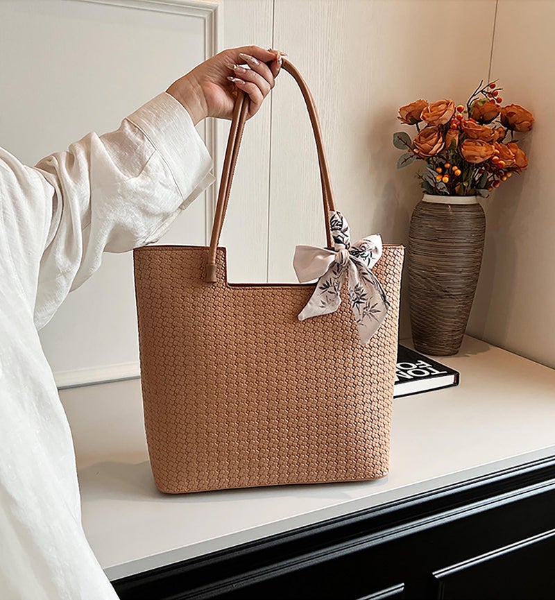 SIBY Checkered Design Top Handle Shoulder Bags for Women's with Bow Ribbon (Khaki) - Image 3