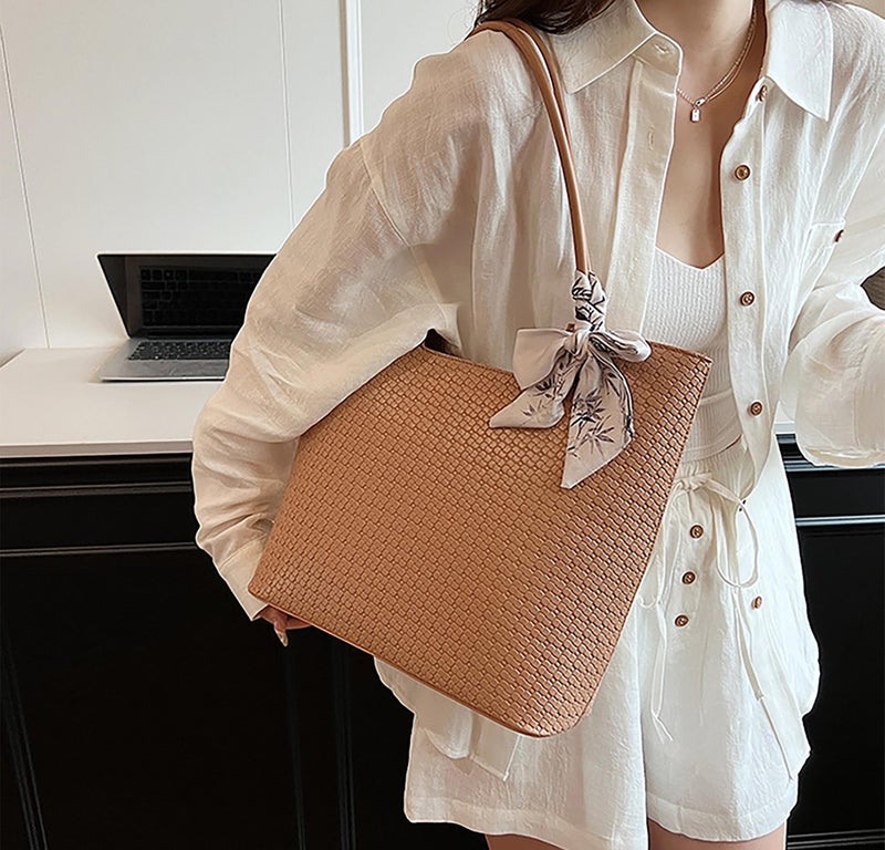 SIBY Checkered Design Top Handle Shoulder Bags for Women's with Bow Ribbon (Khaki) - Image 5