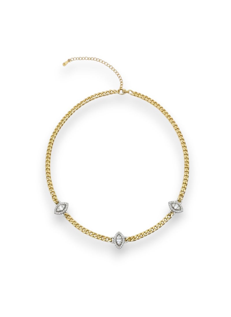 A necklace with a thick, gold-plated chain, punctuated by three oval, almond-shaped or eye-shaped units. A row of shiny rectangular stones - additional links for size adjustment. - Image 1