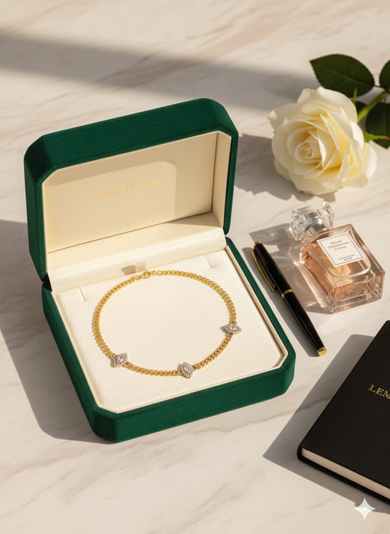 A necklace with a thick, gold-plated chain, punctuated by three oval, almond-shaped or eye-shaped units. A row of shiny rectangular stones - additional links for size adjustment. - Image 5