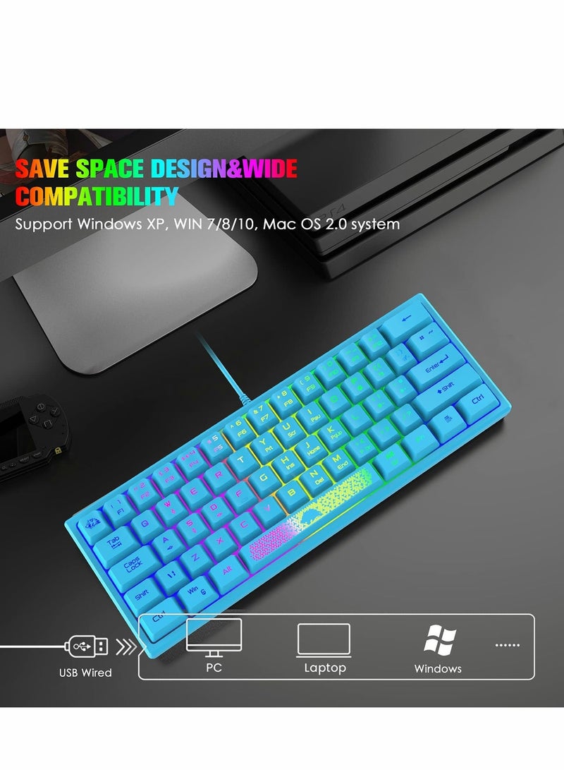 لوحة مفاتيح ألعاب 60%، محمولة صغيرة بإضاءة خلفية قوس قزح RGB مدمجة بتصميم مريح 62 مفتاح، 19 مفتاح مضاد للتداخل، شعور ميكانيكي، مقاومة للماء، سلكية USB لأجهزة الكمبيوتر، ماك، ويندوز، أجهزة الألعاب، كاتب (أزرق) - Image 5