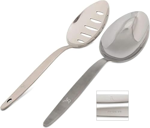 BNAZIND 2-Pack Chef Kunz Spoon |18/10 Stainless Steel Serving Spoons | 9 Inch Basting Quenelle Chef Cooking Utensils Dinner Plating Spoon (Regular & Slotted Set) - Image 1